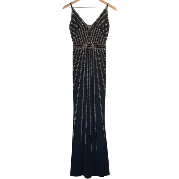 Xscape Beaded Evening Gown, Dark Navy Blue, Deep V, Sheath, Thin Straps, Size 2 - Picture 3 of 16